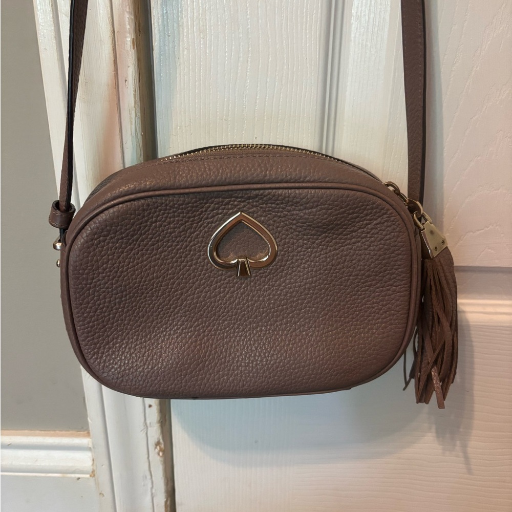 kate spade taupe pebbled leather crossbody with tassel